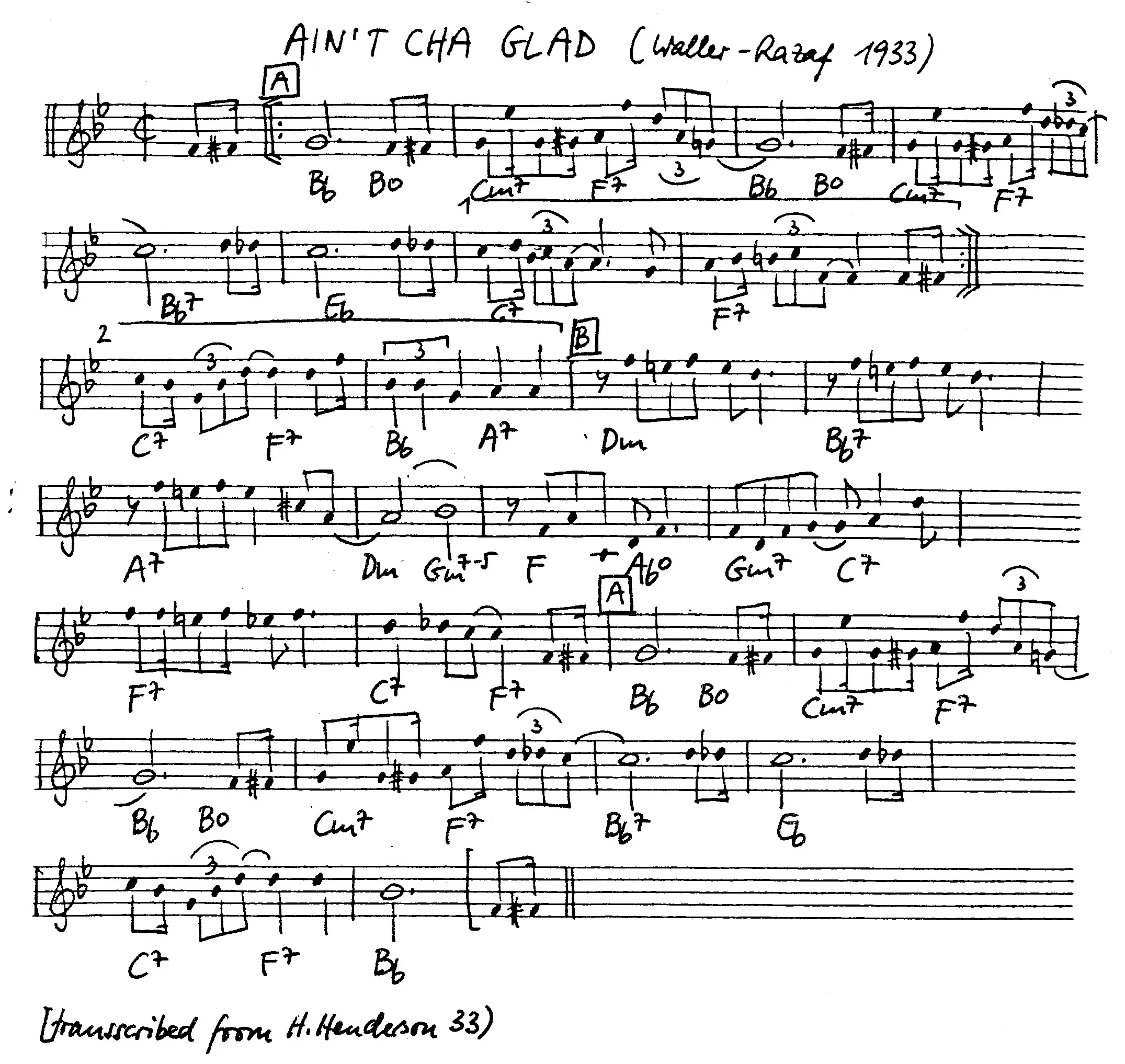 ain't cha glad free jazz leadsheet - Courtesy of the Jungle Jazz Band